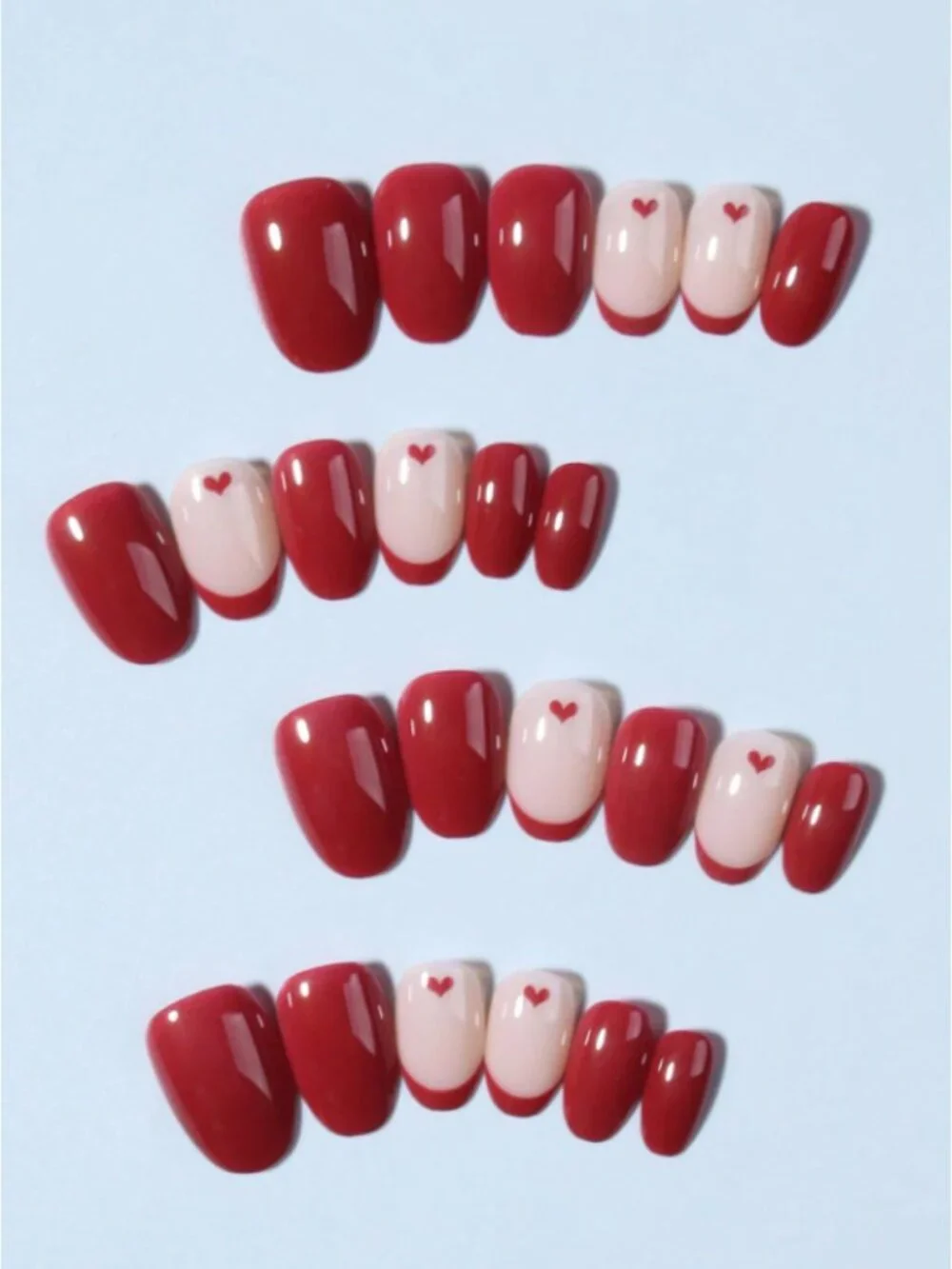 24pc Red Heart French Tip Press-On Nails Oval Glossy Glue-On Manicure Set